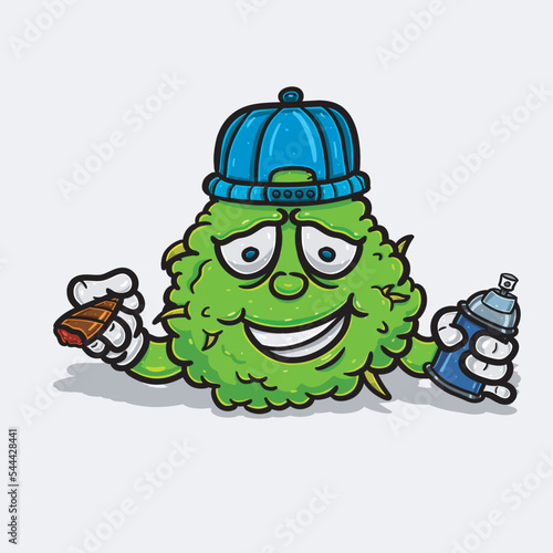 Weed Cartoon With Smoking, Wearing Hat and Bring Paint Spray.
