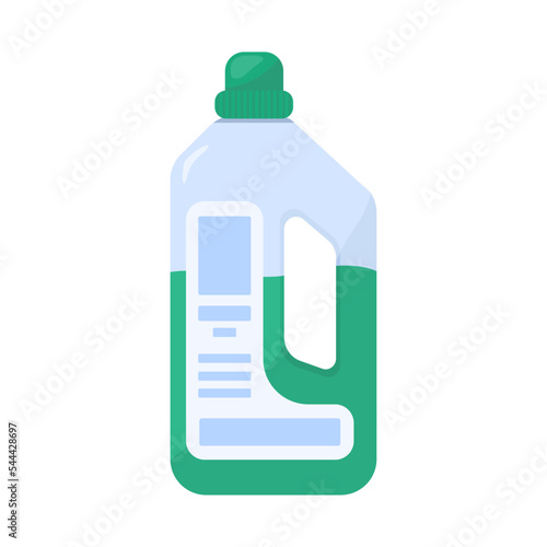 A bottle of green liquid laundry detergent. Plastic container for household chemical.  