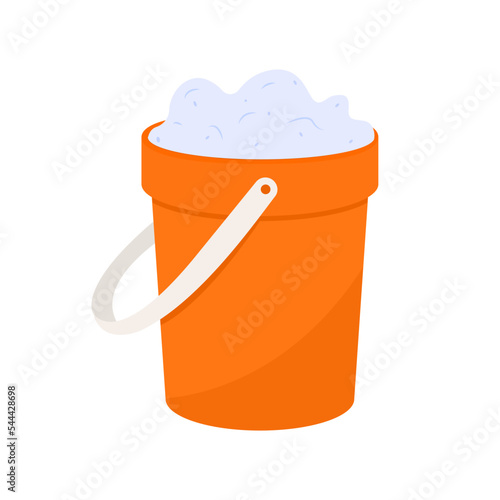 Plastic orange bucket with water for household cleaning and home washing. Plastic bucket, pail and container with handle, household equipment. Isolated vector cartoon illustration.