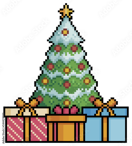 Pixel art christmas tree with gifts vector icon for 8bit game on white background