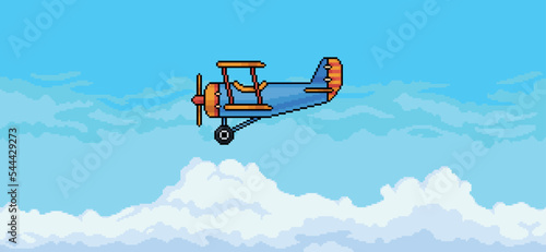 Pixel art scene of plane flying in blue sky with clouds background vector for 8 bit game