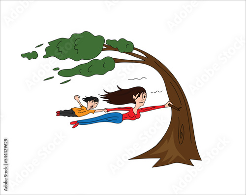 A windy day with mother and child clinging to a tree on a white background vector 