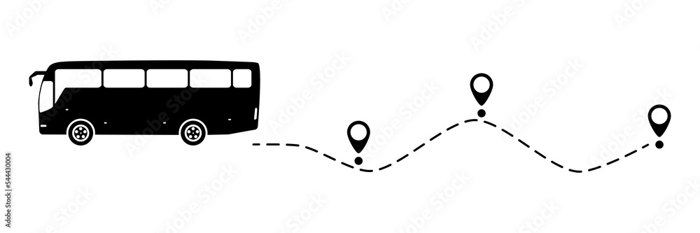 Bus icon with line start point. Bus driving on dotted route with map pin. Vector isolated on white.