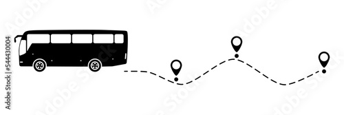 Bus icon with line start point. Bus driving on dotted route with map pin. Vector isolated on white.