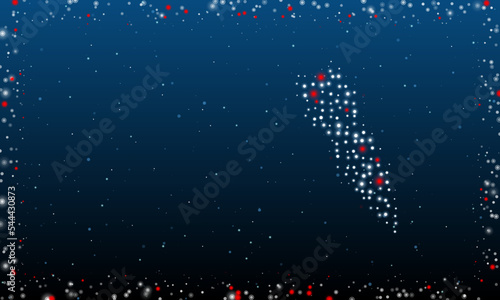 On the right is the falling rocket symbol filled with white dots. Pointillism style. Abstract futuristic frame of dots and circles. Some dots is red. Vector illustration on blue background with stars