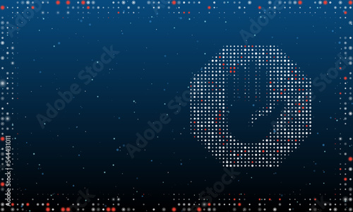 On the right is the stop hand symbol filled with white dots. Pointillism style. Abstract futuristic frame of dots and circles. Some dots is red. Vector illustration on blue background with stars