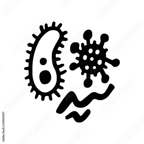 Bacteria under a microscope. The study of the structure and development of bacteria. Microorganisms in an enlarged view. Black and white contour graphics.