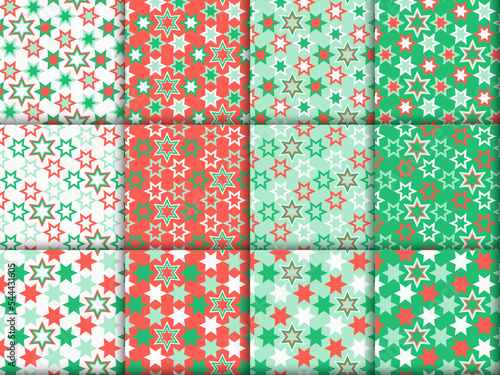 Set of abstract colorful random stars seamless patterns 
