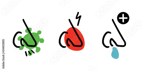 A set of icons characterizing the stages of the disease with rhinitis. Bacterial or viral effects on the nasal mucosa. Outline cartoon graphics. Stuffy and snotty nose. photo