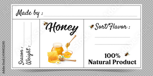 Vector colorful set of honey labels. Front and back labels templates for honey with bee. Home made. Printable template stickers with made by, sort, flavor, weight, season text