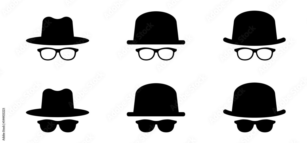 Glasses or sunglasses. Intermediary or unrecognizable person. Cartoon mafia, detective or spy with old classic hat. Gentleman and glasses. Black rim glasses spectacles, eyeglasses optical. Bowler hats Glasses or sunglasses. Intermediary or unrecognizable person. Cartoon mafia, detective or spy with old classic hat. Gentleman and glasses. Black rim glasses spectacles, eyeglasses optical. Bowler hats