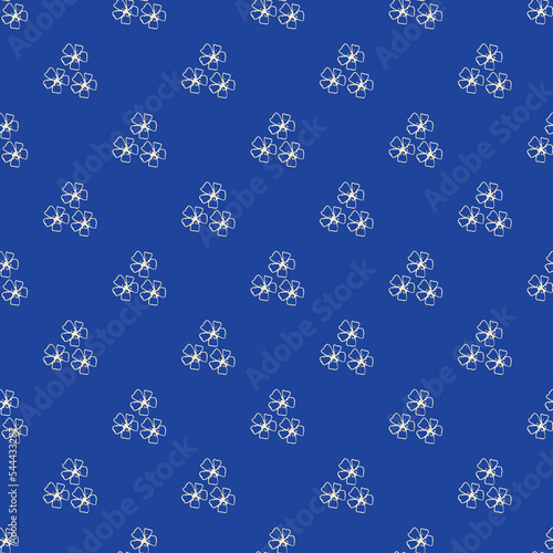 Wild meadow flower seamless vector pattern background. Groups of hand-drawn flower heads on cobalt blue backdrop. Line art outline botanical design. Floral cottagecore geometric repeat for packaging