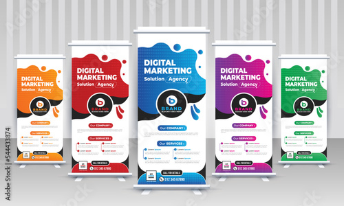 Modern trendy corporate business marketing x stand rollup pullup signage retractable eye catchy gradient multiple color banner design vector template