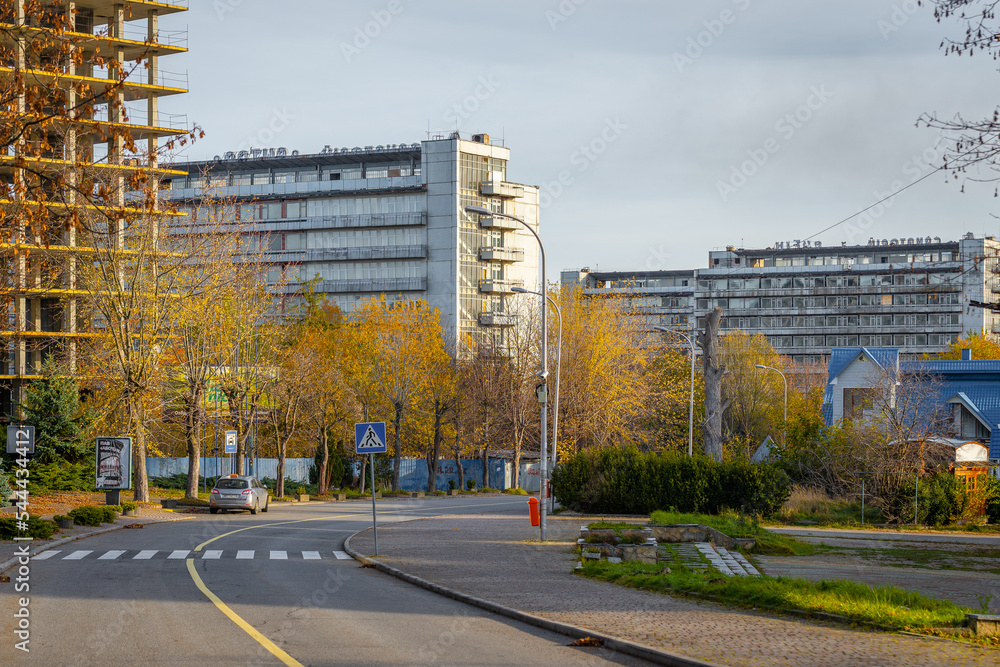 TRUSKAVETS, UKRAINE - October, 2022: View of Sukhovolya Street. The buildings of the Truskavets sanatoriums 