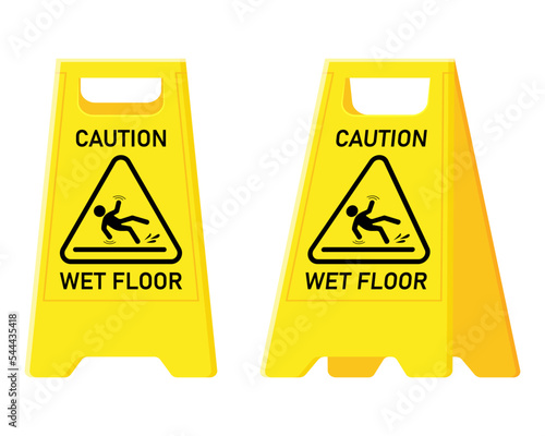 Caution Wet Floor and Cuidado Piso Mojado warning sign in English and Spanish. Traditional yellow board, cleaning equipment.
Vector flat cartoon illustration.