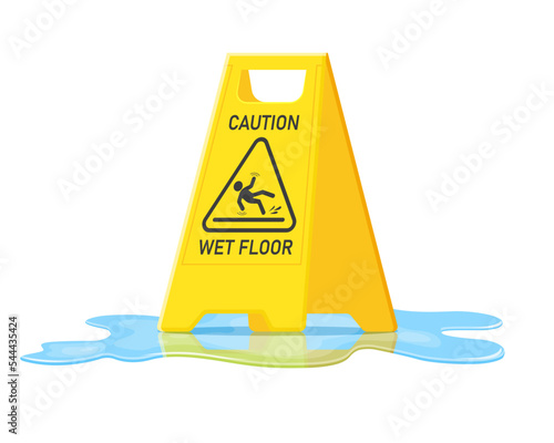 Wet floor caution sign and water puddle isolated on white background, Public warning yellow symbol clipart. Slippery surface beware plastic board design element. Falling human pictogram.