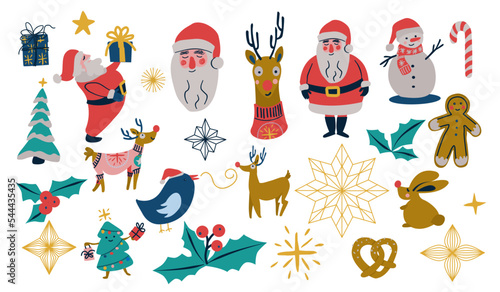 Colección de elementos decorativos de navidad vectorizados, con papa Noel, árbol de navidad, estrellas, ciervos, regalos, pájaros, galleta de jengibre 