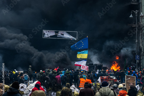 Orange revolution on the Maidan in Kyiv, Ukraine. Street riots and protests. January 2014 photo