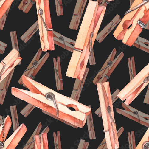 Obraz na plátně Seamless pattern with wooden clothespins on black background.