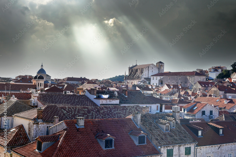 Scenic view of Rooftops in Dubrovnik's Old City, seen from the walls with dramatic sky
