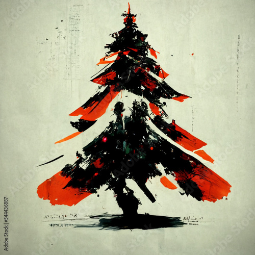 Christmas tree, Asian illustration with broad brush strokes, digital art