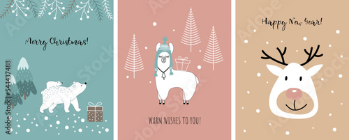A set of New Year and Christmas illustrations. Minimal design in pastel colors. Suitable for greeting cards, gift bags, posters, packaging. Vector drawn characters: llama, deer, polar bear.