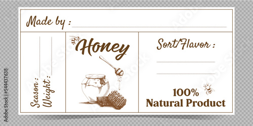 Vector colorful set of honey labels. Front and back labels templates for honey with bee. Home made. Printable template stickers with made by, sort, flavor, weight, season text