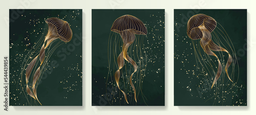 Dark green art background with luxury jellyfish image in gold art line style. Animalistic set of prints with marine life for poster design, textile, interior design, wallpaper, packaging.