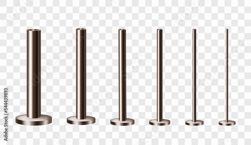 Bronze or cast iron poles on a round base. Set of metal columns. Realistic vector illustration isolated on transparent background.