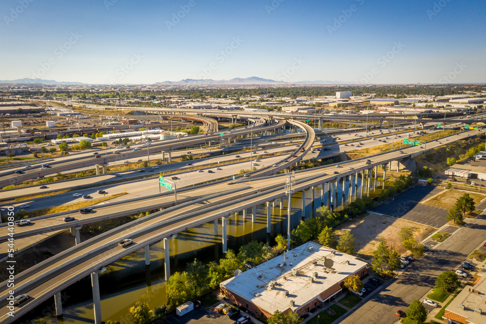 Drone Aerial Above a Busy Freeway Interchange on an Afternoon in the City