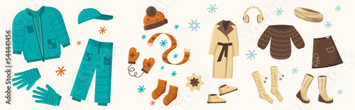 Big set winter and autumn clothes. Vector illustration. Aquamarine, beige, brown, orange colors