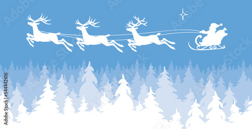 Silhouette of a santa on a sledge harnessed by magic deers flying over a white winter forest on the blue background