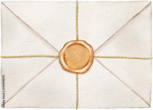 Fotografie White vintage mail envelope letter with gold sealing wax
