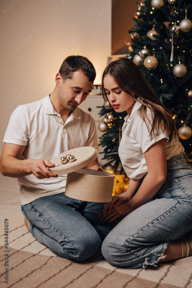 Vertical image lovely young romantic couple sitting open gifts presents garlands home cosy interior atmosphere New Year Christmas tree decorations holiday party celebrating winter evening
Vertical image lovely young romantic couple sitting open gifts presents garlands home cosy interior atmosphere New Year Christmas tree decorations holiday party celebrating winter evening