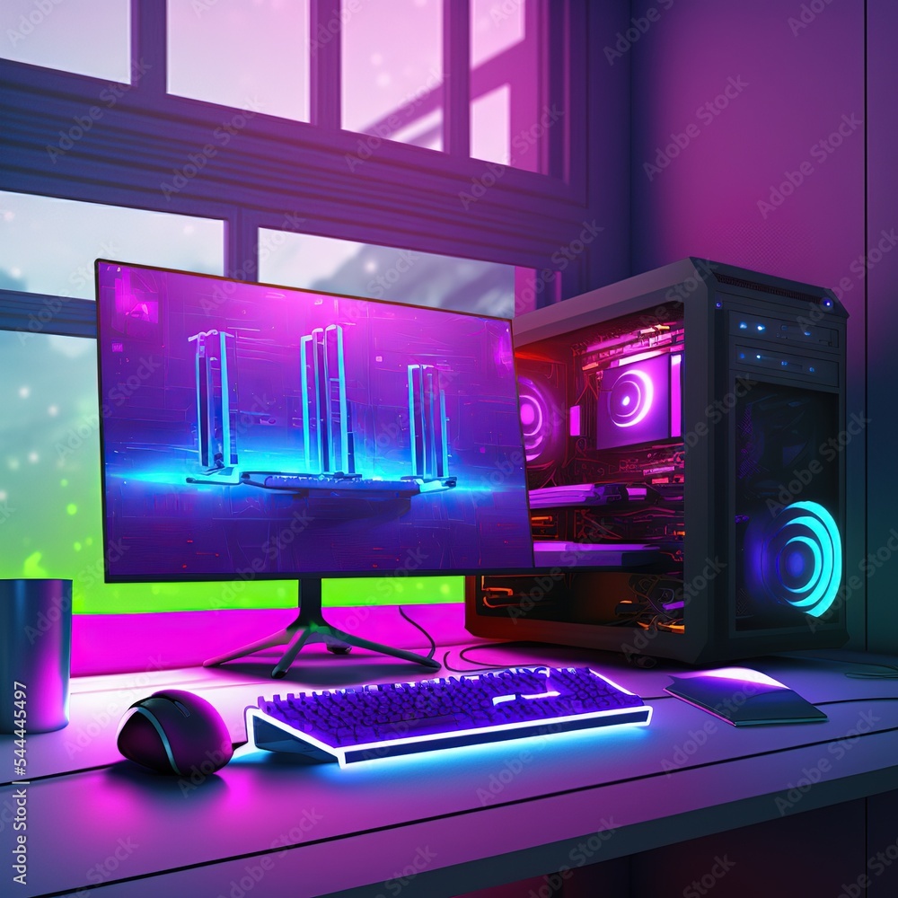 Gaming computer on a table in a video game room with purple color neon  lighting against a window background 3d illustration ilustración de Stock |  Adobe Stock