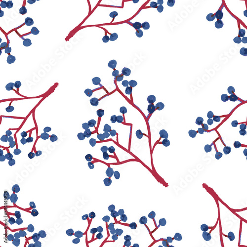 Seamless pattern of watercolor drawings of red twigs with blue berries