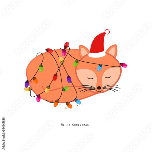 Cute sleeping fox with christmas light bulbs. Happy new year and merry Christmas greeting card