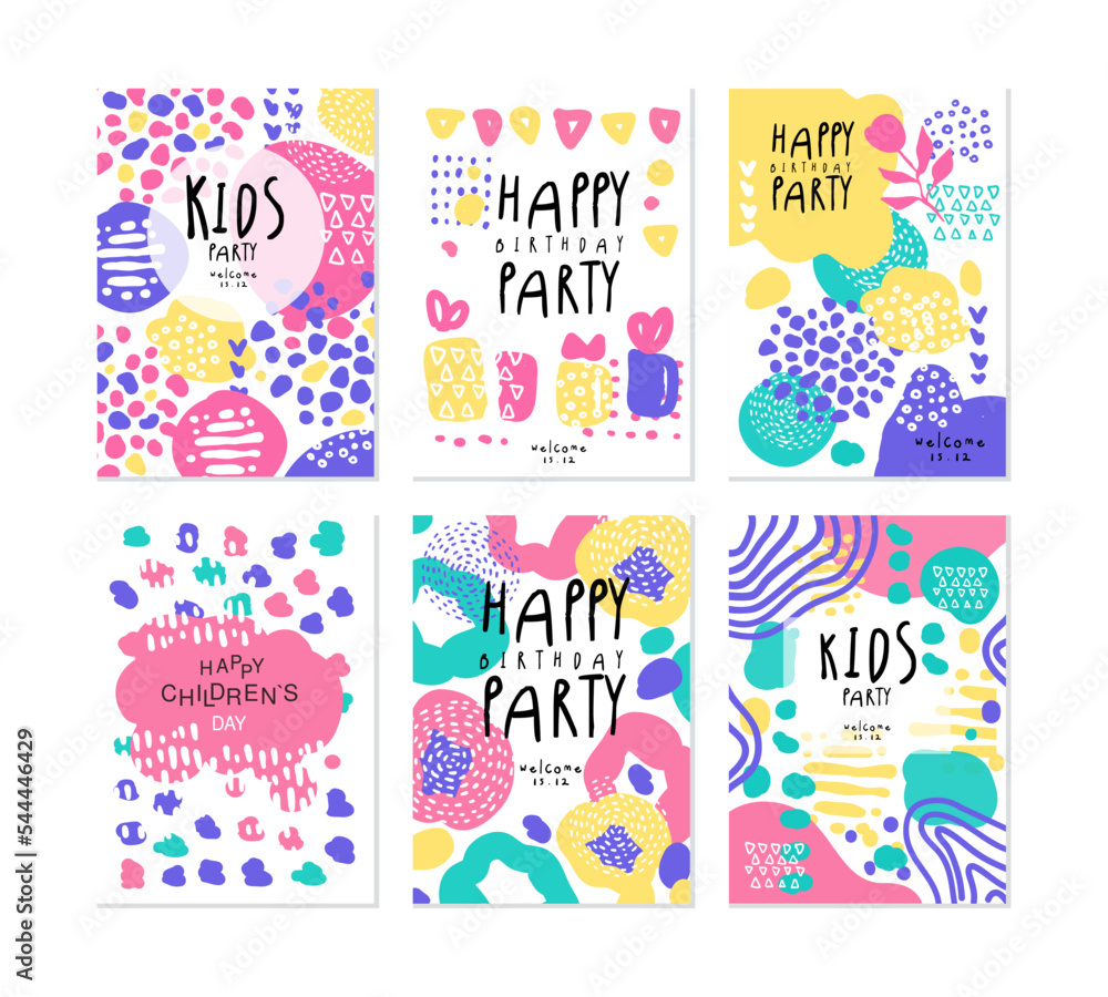 Happy Kids Birthday Party Poster and Invitation Card with Bright Blots Vector Set