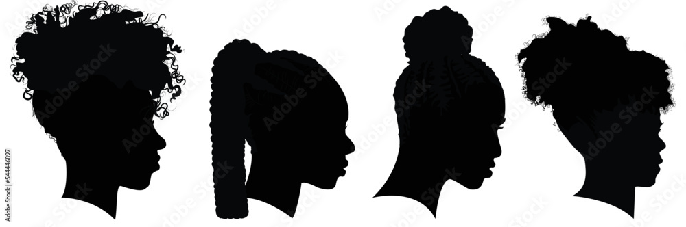 Silhouettes of African American women profile with hair style contour on white background. Vector illustration