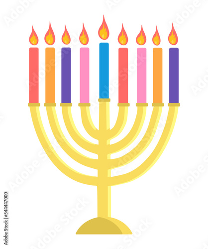 Hunukkah menorah icon vector illustration isolated on white background Golden menora sticker with 9 bright colorful tall thick candles. Vector illustration in flat style 