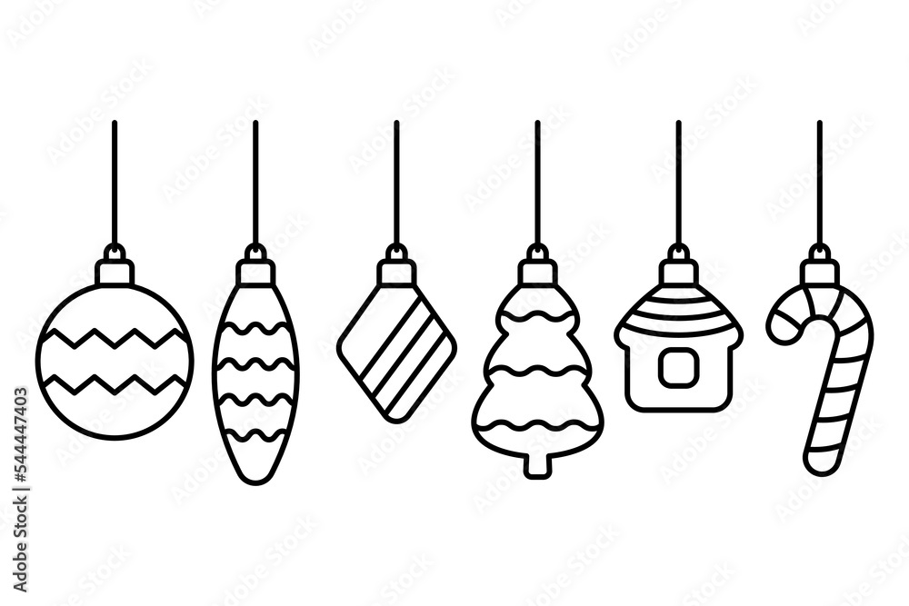 Set of different Christmas toys icon. Black contour linear silhouette. Front side view. Editable strokes. Vector simple flat graphic illustration. Isolated object on a white background. Isolate. Set of different Christmas toys icon. Black contour linear silhouette. Front side view. Editable strokes. Vector simple flat graphic illustration. Isolated object on a white background. Isolate.