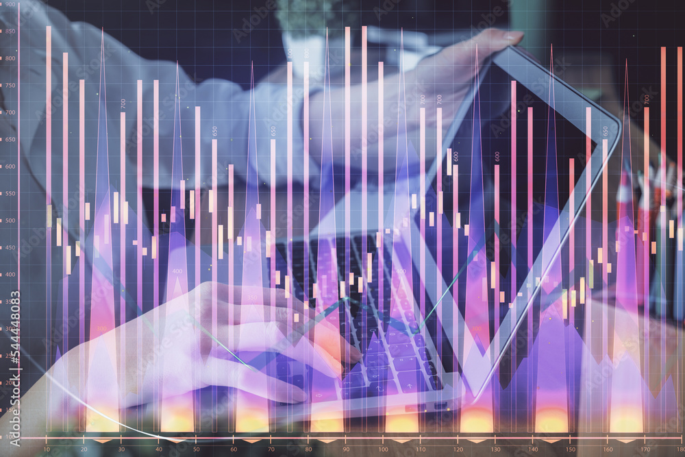 Double exposure of woman hands typing on computer and forex chart hologram drawing. Stock market invest concept. Double exposure of woman hands typing on computer and forex chart hologram drawing. Stock market invest concept.
