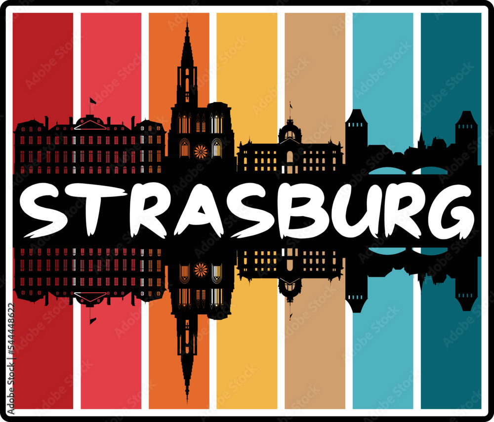 Strasburg France Skyline Sunset Travel Souvenir Sticker Logo Badge Stamp Emblem Coat of Arms Vector Illustration EPS