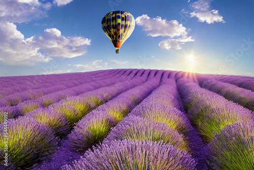 Beautiful fantastic landscape with a balloon and lavender.