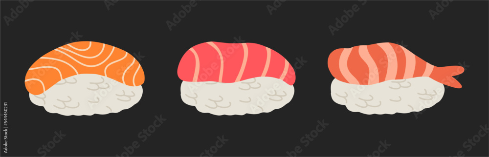 Sushi with tuna, salmon and shrimp. Traditional Japanese cuisine, fresh seafood. Isolated clipart, hand drawn cartoon. Sushi with tuna, salmon and shrimp. Traditional Japanese cuisine, fresh seafood. Isolated clipart, hand drawn cartoon.