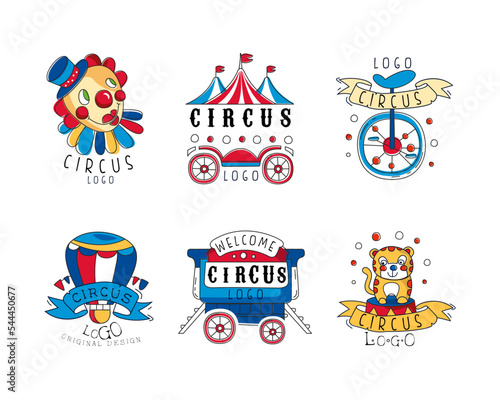 Circus Logo Design with Clown, Tent, Monocycle, Balloon, Tiger and Waggon Vector Set