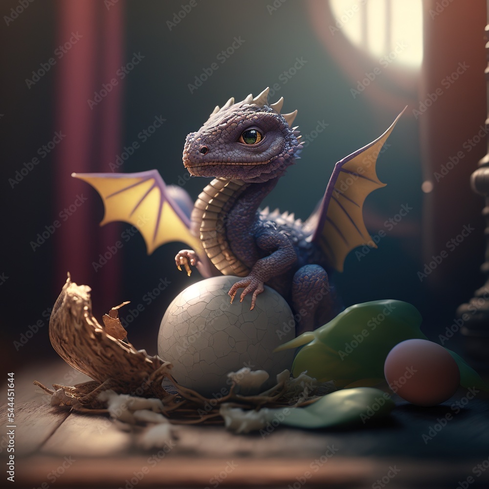 Cute tiny baby dragon, hatching from the dragon egg, 3D rendered, made by  AI Stock Illustration | Adobe Stock