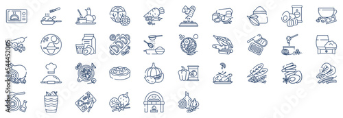 Collection of icons related to Recipes and ingredients, including icons like Baking, coffee, pumpkin pie, Pizza and more. vector illustrations, Pixel Perfect set
