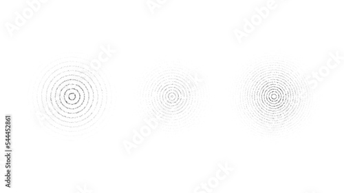 Faded concentric circles set. Dotted grainy rings set. Stippled gradient epicentre, radar or target concept . Grain noise sound wave. Vector stochastic dot work