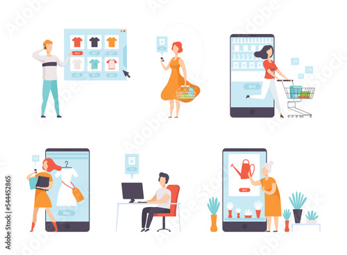 Online Shopping with People Characters Buying and Making Purchase in Mobile Store Vector Set